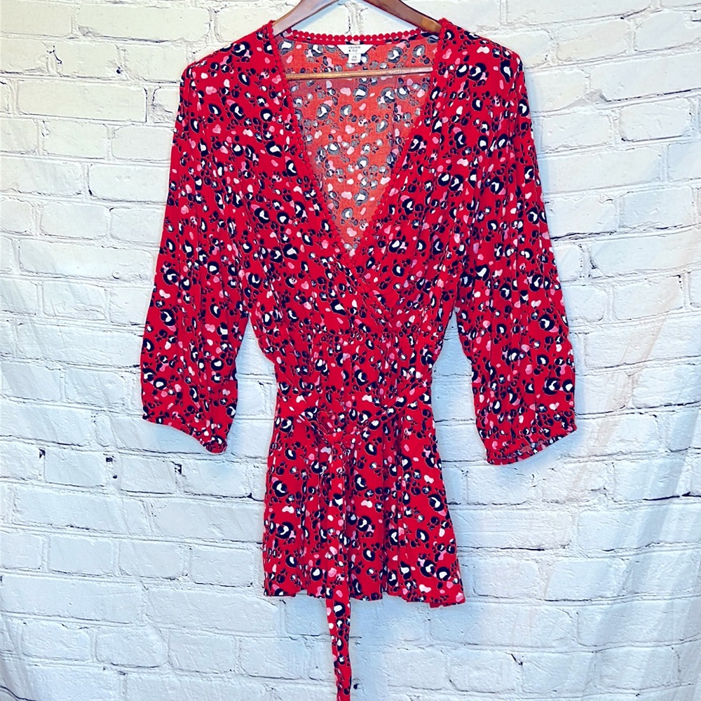 Crown & Ivy Red Blue Leopard Sash Tie Faux Wrap Blouse Size 2X